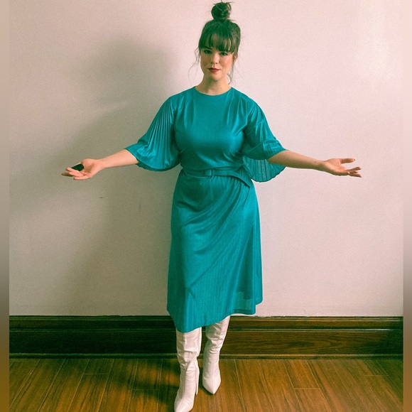 Vintage 70s/80s Teal Angel Wing Disco Dress - Picture 2 of 8